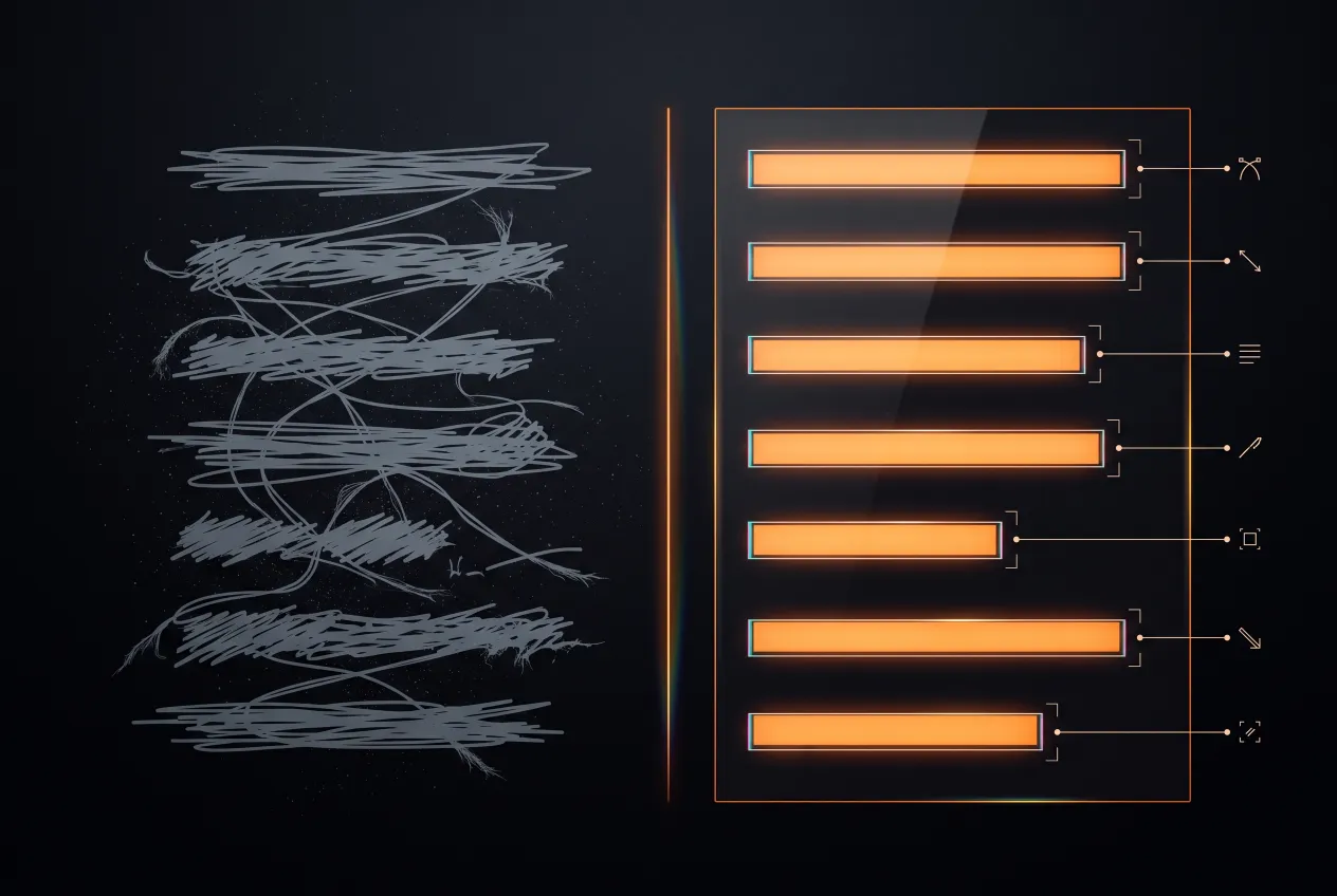 A dissection in two halves. On the left, a dense mass of tangled grey scribble with frayed ends. On the right, the same material resolved into seven aligned amber-lit bands of varying length inside a thin frame, with square callout brackets and leader lines pointing at individual bands.