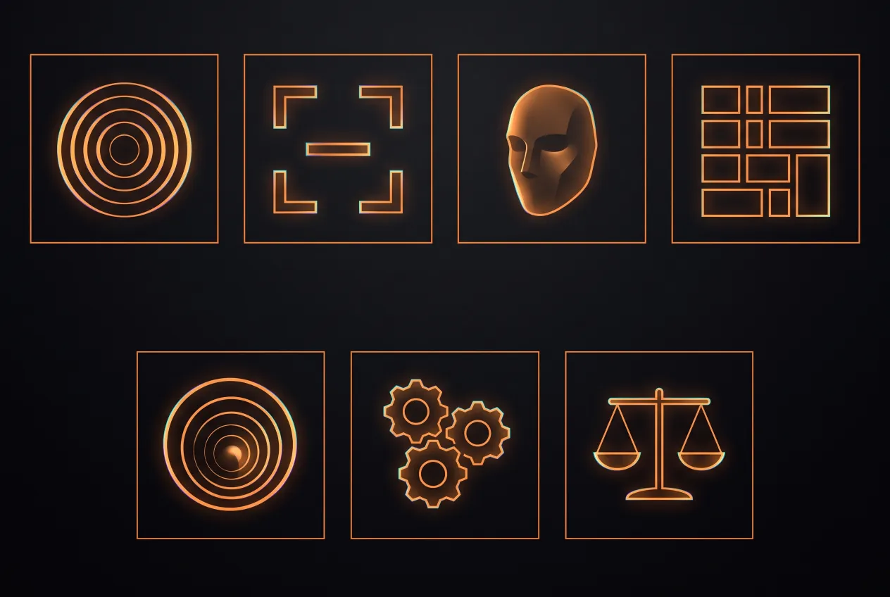 Seven identical amber-outlined squares, four above and three below, each containing one abstract glyph: concentric rings, corner brackets clamping a bar, a smooth mask, a grid of blocks, an inward spiral, three interlocking gears, and a balance scale.