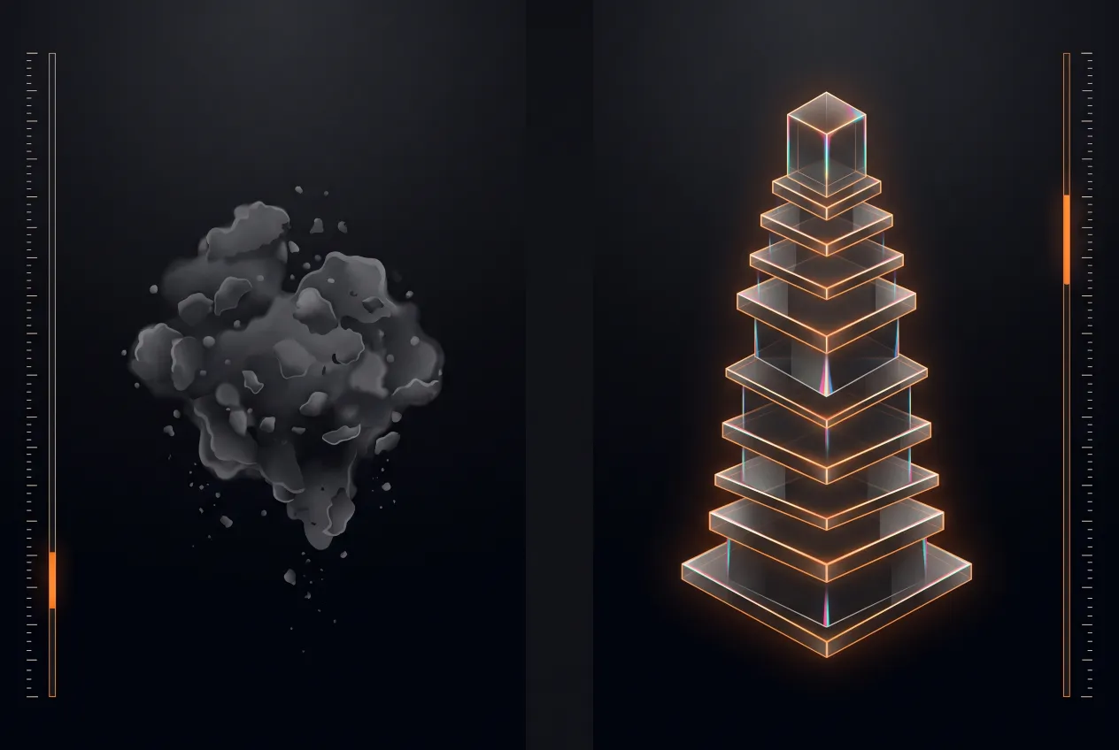 Two panels side by side. On the left, a murky, half-formed grey mass shedding fragments, with an amber level marker sitting low on its calibration scale. On the right, a tall, precise crystalline tower of stacked amber-edged plates, with the marker sitting high.