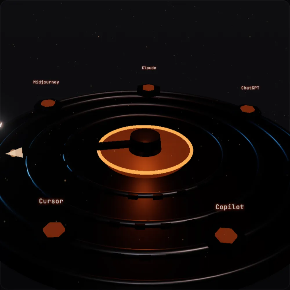 A machined turret of concentric toothed rings with a glowing amber core, its selector arm pointing at one of seven hexagonal destination ports around its rim.