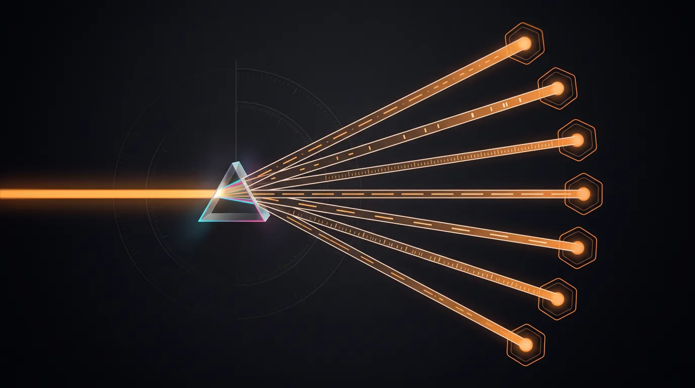 A single thick amber beam enters from the left, strikes a small glass prism, and splits into seven beams that fan out to seven hexagonal node plates on the right. Each beam carries a different rhythm of dashes and tick marks.